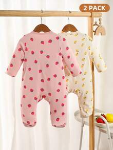 SHEIN 2件套新生女宝宝春秋季草莓柠檬印花前开襟按扣连体衣套装 - 彩色 - 查看 2