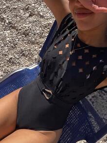 Swim Oasis Hollow-Out Solid Color Round Neck Women's Waist Belt Premium Set - Black - View 2