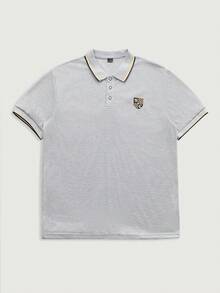 Camisa polo de manga corta con estampado de escudo a rayas para hombre, de verano - Gris - Ver 3
