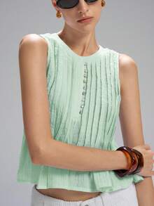 LYSMO 2025春夏新款女士褶裥腰部无袖亚麻背心，简约休闲，度假风 - 綠色 - 查看 4