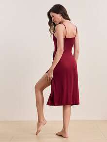 SHEIN 对比色蕾丝性感女士开衩睡衣睡裙 - 酒紅色 - 查看 2