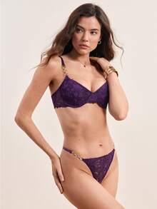 Hourtrue 2pcs/Set Solid Color Sexy Lace Wireless Bra Set For Womenfor Summerfor Summer - Purple - View 5