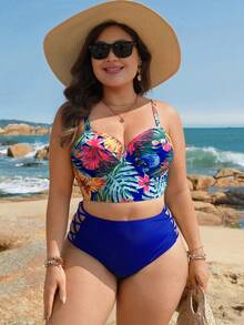 Swim Lushoire 2pcs Women Floral Print Bikini Set, Spaghetti Strap Playful Swimsuit - Blue - View 3