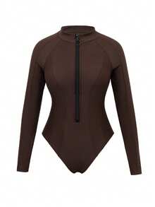 Swim SPRTY Women's Deep Brown Zipper Long Sleeve Fitted Sexy Beach Surfing Jumpsuit Swimsuit, Summer - Brown - View 6