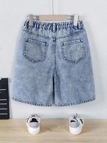 2026 Summer New Arrival Tween Boys Loose Fit Denim Shorts, Casual Vintage Straight Leg Mid-Waist Comfortable Shorts For Outdoor, School, Party, Holiday Wear - Medium Wash - View 2