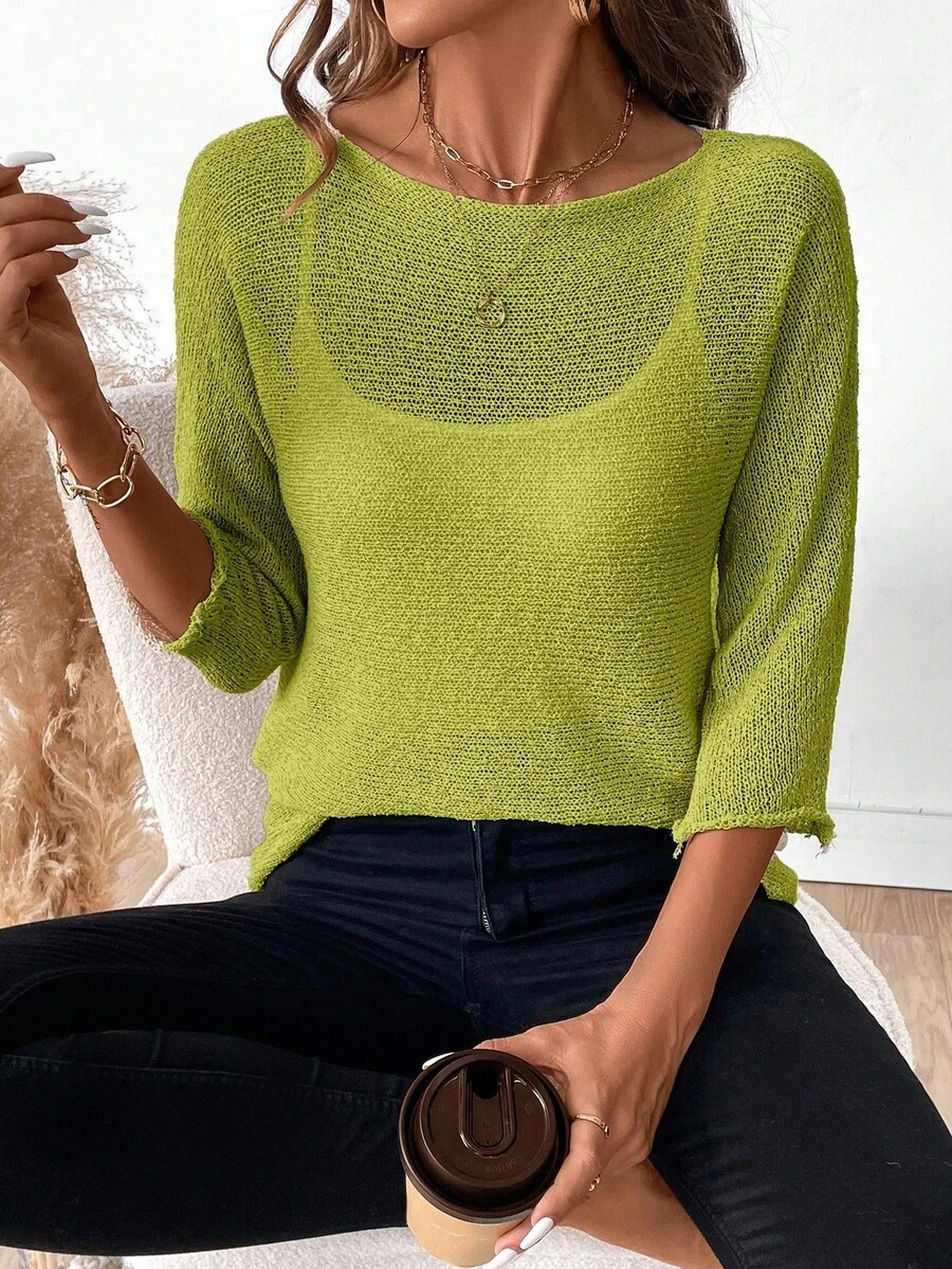 EMERY ROSE Women's Loose Fit Crew Neck 3/4 Sleeve Casual Sweater - Mist Green - View 1