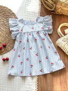 SHEIN Vintaside Kids 女婴夏季蓝色格子樱桃图案短袖迷你连衣裙，田园风格，清新图案，轻盈廓形，适合户外、休闲和派对场合。 - 彩色 - 查看 4