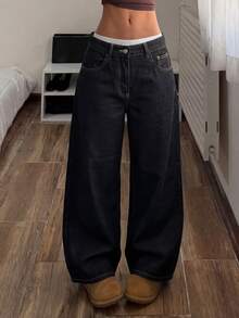 Muchica Women's Pocket Button Casual Versatile Daily Wear Wide Leg Jeans - Black - View 1