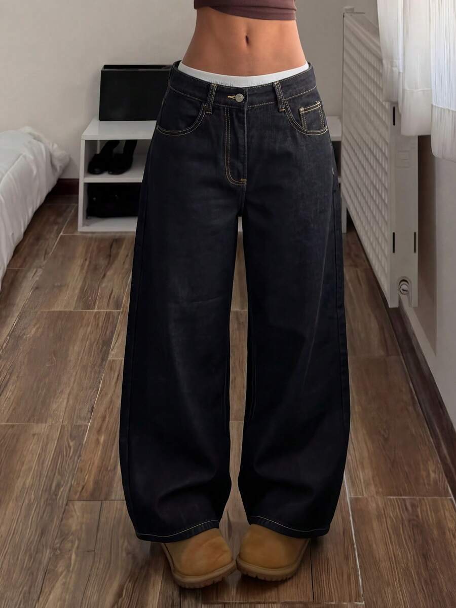 Muchica Women's Pocket Button Casual Versatile Daily Wear Wide Leg Jeans - Black - View 1