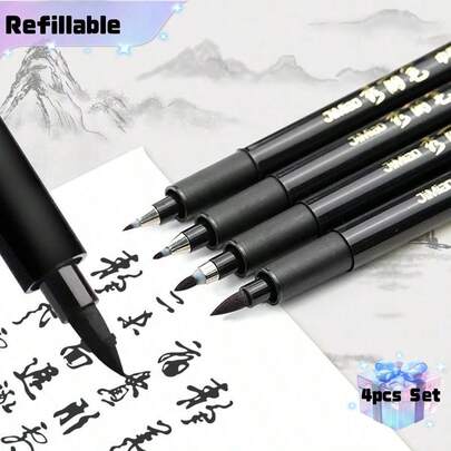 4pcs Calligraphy Pen Set, Suitable For Handwriting Fonts - Fine Tip And Brush Tip, Refillable Black Ink, Ergonomic Oval Pen Body, Lightweight Plastic Material, Great For Writing, Art And Drawing, Back To School, School Supplies
