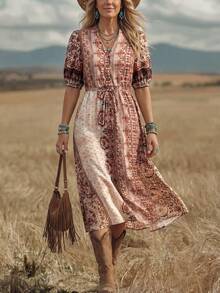 Wildy 波西米亚风休闲女装春夏泡泡袖长连衣裙度假装 - 彩色 - 查看 1