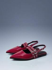 CUCCOO GRLICON Women's Buckle Design Casual Versatile Flat Shoes - Burgundy - View 4