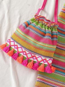 Sparklyn Girls' Sweet Rainbow Pink Stripe Summer Boho Cute Beach Holiday Dress,Knitted Jacquard 3D Floral Spaghetti Strap Sundress With Crossbody Bag - Multicolor - View 4