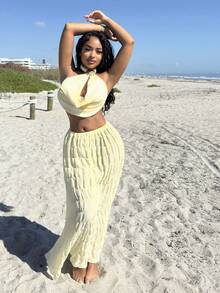 Alexandranx 女士性感优雅交叉垂坠领镂空扎染印花露背垂坠领吊带背心 - 黃色 - 查看 5