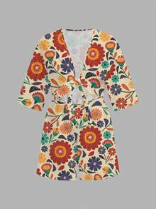 Slaydiva Vacation White Front Tie Hollow Out 3/4 Sleeve Loose Jumpsuit - Multicolor - View 4