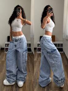 StreetHx Quần jeans ống rộng dáng rộng thoải mái, có túi và cúc dành cho nữ, thích hợp mặc hàng ngày. - Rửa nhẹ - Xem 1