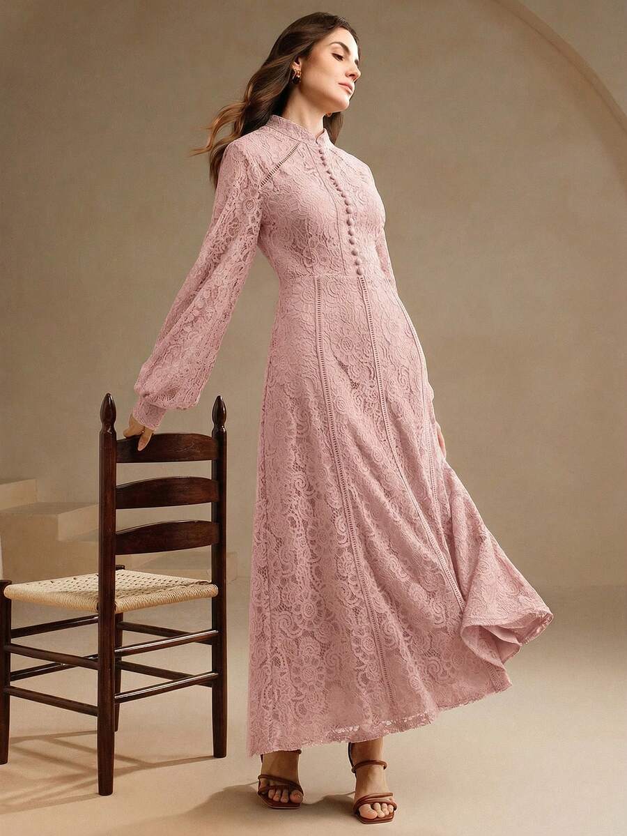 Anewsta Women's Long Sleeve Lace Wine Red Dress, Casual Outfit - Dusty Pink - View 1
