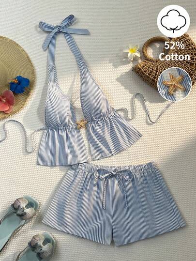 Sunnyshic Conjunto de cárdigan de algodón con rayas azules y blancas de escote en V profundo, camiseta de tirantes con lazo y pantalones rectos con cordón y bolsillos, conjunto de ropa casual minimalista para mujer para primavera/verano y vacaciones en la playa