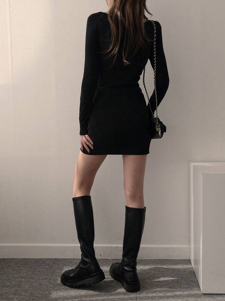 Women's Square Neck Long Sleeve Lace Patchwork Mid-Length Dress Sun Dresses For Women