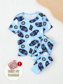 Conjunto de pijama infantil masculino minimalista com estampa de carro em desenho animado, manga longa, 2 peças, macio e confortável. - Azul - Ver 4