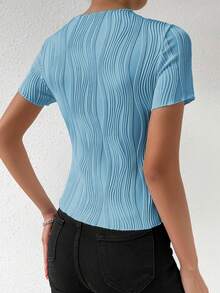 Chiquease 女士纯色纹理圆领短袖修身休闲T恤 - 藍色 - 查看 2