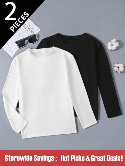 SHEIN 2pcs Boys Casual Crew Neck Long Sleeve T-Shirts, Black And White, Multi-Purpose Inner/Outer Wear, Spring, Autumn, Winter Fall