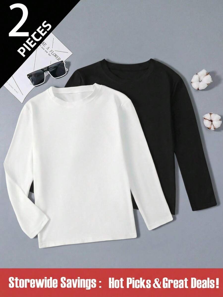 SHEIN 2pcs Boys Casual Crew Neck Long Sleeve T-Shirts, Black And White, Multi-Purpose Inner/Outer Wear, Spring, Autumn, Winter Fall - Black and White - View 1
