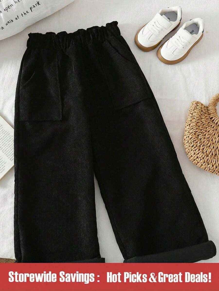SHEIN Quần ống đứng màu đen, chất liệu nhung kẻ dày dặn, cạp chun xếp ly, có túi, thích hợp cho bé gái tuổi teen. - màu đen - Xem 1