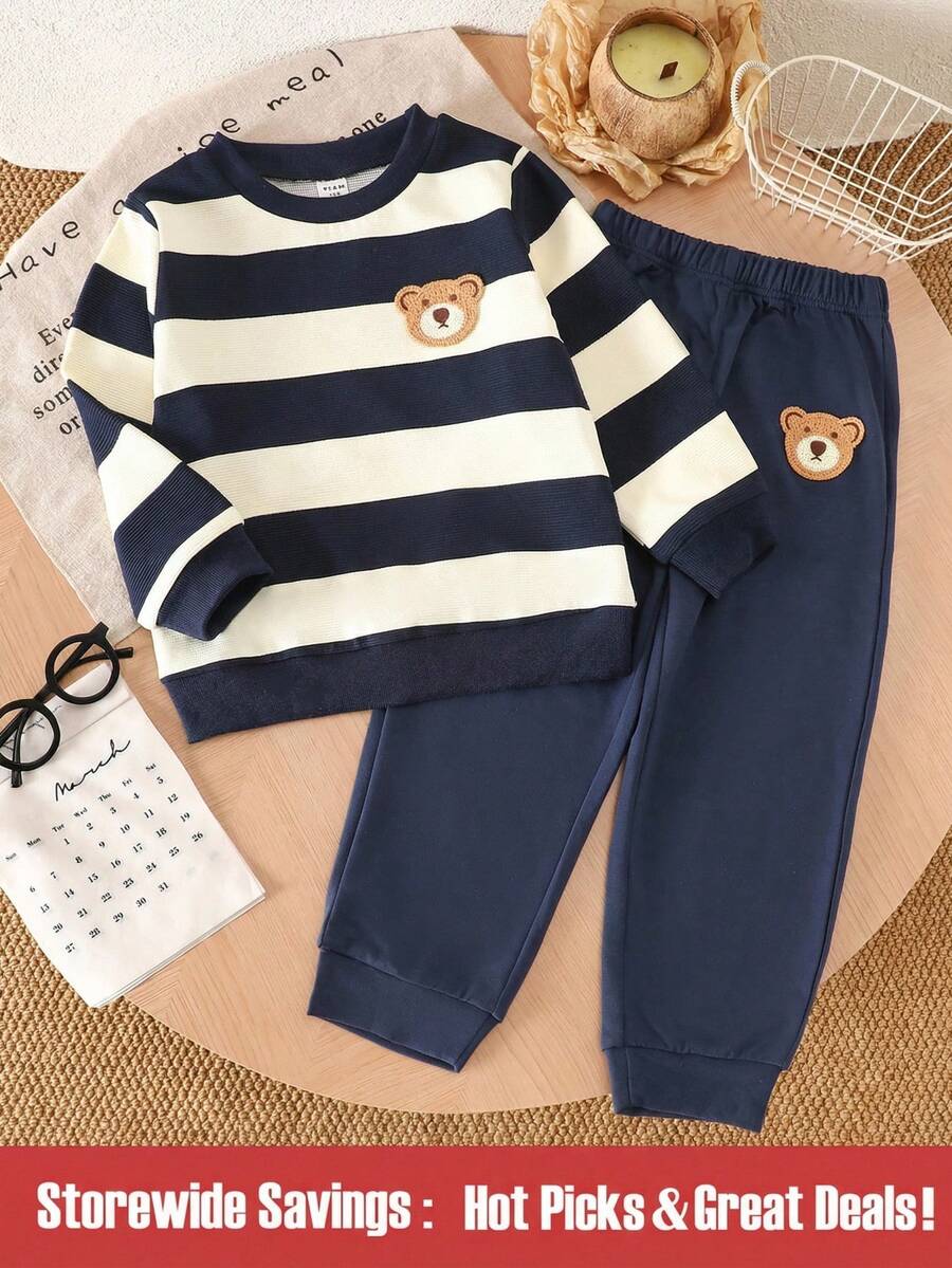 SHEIN Explorewe Young Boys' Cute Bear Graphic Colorblock Striped Crew Neck Long Sleeve Top,Solid Blue Slim Fit Pants,Casual Outfit For Summer,Family Matching Outings - Multicolor - View 1