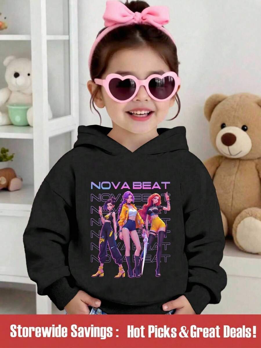 SHEIN 少女卡通可爱韩流女孩字母印花黑色连帽卫衣,适合秋冬季穿着 - 黑色 - 查看 1