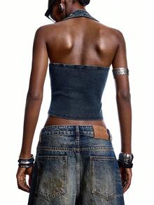 LYSMO Women's Hollow Circle Halter Backless Camisole - Blue - View 2