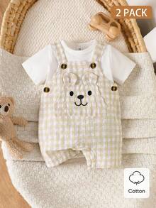 SHEIN 2 món áo ngắn tay hoạt hình màu mơ mùa hè & bộ romper mũ trùm tai thêu sọc cho trẻ sơ sinh - Màu be - Xem 3