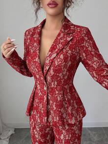 SHEIN Elenzya Bộ vest nữ cổ điển kiểu hoàng gia gồm áo khoác và quần, tay dài, cài khuy ngọc trai, phù hợp cho hẹn hò, Halloween, tựu trường, phong cách Y2K, Grunge, retro xuân/hè, trang phục công sở, đồng phục giáo viên, ngày lễ, bộ đồ ren ngày Valentine. - Màu Đỏ Sâu - Xem 6