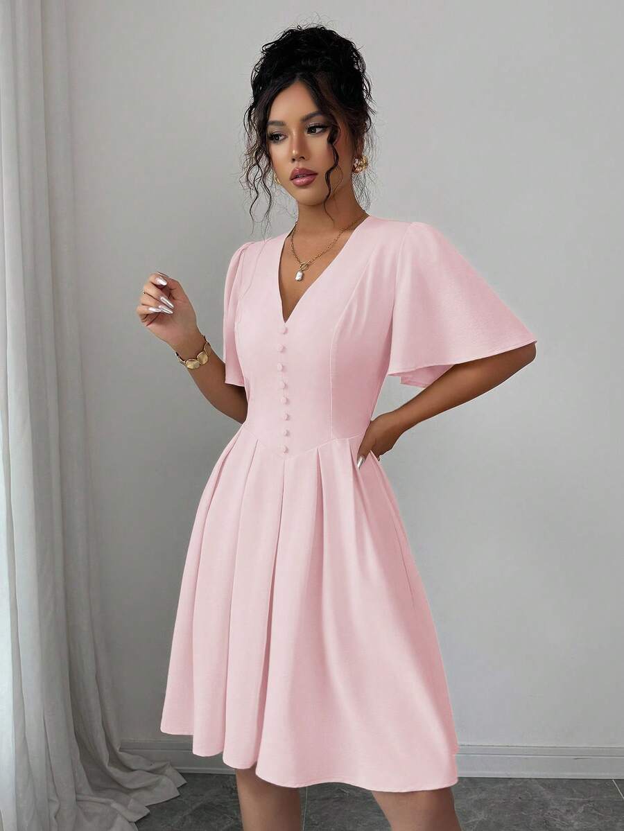 Elenzga Women's Light Pink Summer Elegant Tea Party V-Neck Petal Sleeve Ruffle Hem Elastic Waist Short Dress,Casual Commute Vacation Formal High Quality - Pink - View 1