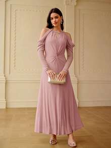 ZEYLAH Elegant Off-Shoulder Fitted Waist Flared Dress, Spring/Summer - Pink - View 4