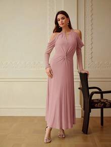 ZEYLAH Elegant Off-Shoulder Fitted Waist Flared Dress, Spring/Summer - Pink - View 6