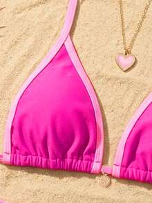 Swim Mod Women's New Solid Color Triangle Cup Bikini Set, Sexy Tie-Up Contrast Color Swimsuit 2 Pieces - Hot Pink - View 5