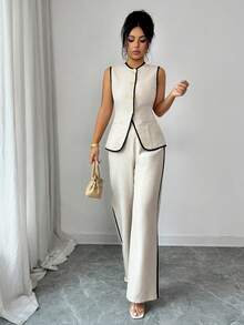 Rafferiza Women's Elegant Casual Contrast Trim 2 Pieces Set Elegant Black And White Contrast-Stitched Summer Two-Piece Set. - Apricot - View 4