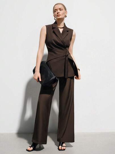 Aveloria Modichic 经典都市通勤套装，翻领设计，收腰剪裁，褶裥细节，金属装饰，直筒裤，女士款