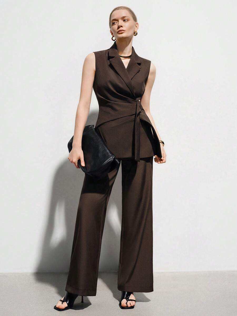 Aveloria Modichic Bộ đồ công sở cổ điển dành cho nữ, kiểu dáng thanh lịch, gồm áo ve lật, thắt eo, chi tiết xếp ly, trang trí kim loại và quần ống đứng. - Cà phê nâu - Xem 1