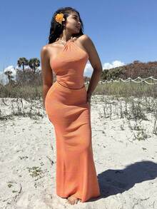 Alexandranx Women Summer Vacation Beach Sexy Halter Backless Beaded Floral Knit Orange Cami Top + Extra Long Knit Floral Pattern Skirt 2 Pieces Set Sexy Outfits For Women In Fall/Winter - Orange - View 3