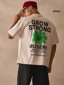 Musero 宽松落肩短袖圆领上衣，后背大号“GROW STRONG”花卉图案T恤，春夏必备单品 - 駝色 - 查看 1