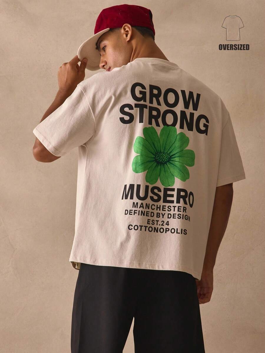 Musero 宽松落肩短袖圆领上衣，后背大号“GROW STRONG”花卉图案T恤，春夏必备单品 - 駝色 - 查看 1