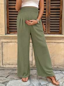 SHEIN Maternity Solid Color Waist Drawstring Loose Wide Leg Pants - Green - View 6