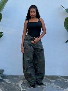 Tyla Gomez Fashionable Casual Street Style Pleated Camouflage Low Waist Super Wide Leg Jeans - Army Green - View 1