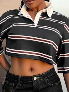 Tyla Gomez Women's Form-Fitting Striped Contrast Color Polo Neck T-Shirt, Spring/Autumn - Navy Blue - View 5