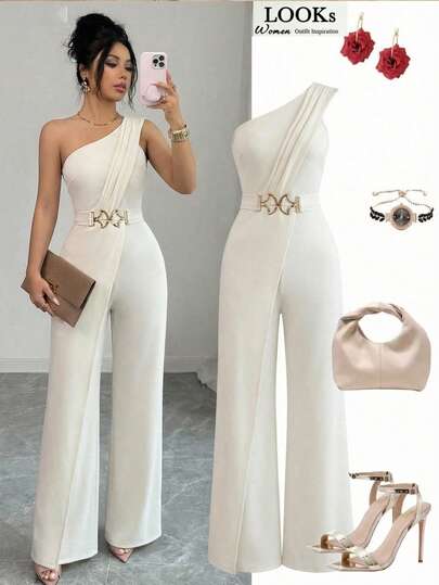 Elenzga אוברול ללא שרוולים בצבע אחיד עם עיצוב כתפיים לנשים