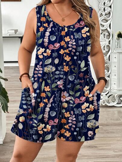 EMERY ROSE 大码女式夏季度假风印花圆领休闲连体裤，带口袋，适合旅行、度假、夏季和日常穿着。