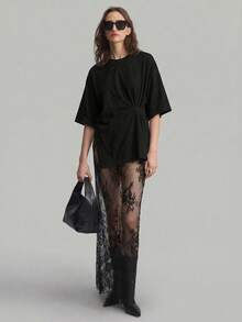 Ontre Chân váy ren đen SS 2026, chân váy dài ren xuyên thấu gợi cảm thời trang nữ, phù hợp cho kỳ nghỉ, trang phục dự tiệc cưới, chân váy nữ đa năng phong cách cổ điển tối giản thanh lịch hơi xuyên thấu - màu đen - Xem 3