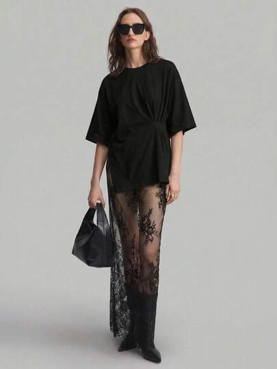 Ontre 2026春夏黑色蕾丝半身裙，时尚性感透视蕾丝长裙，女装，适合度假、婚礼宾客穿着，简约优雅复古风半透明百搭女裙